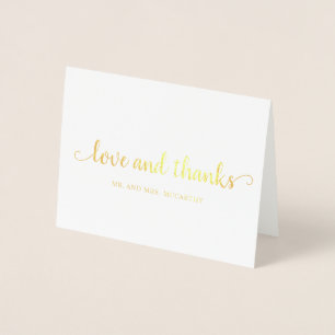 Cartão Metalizado Casamento de Foto Simples Elegante Obrigado Dourad