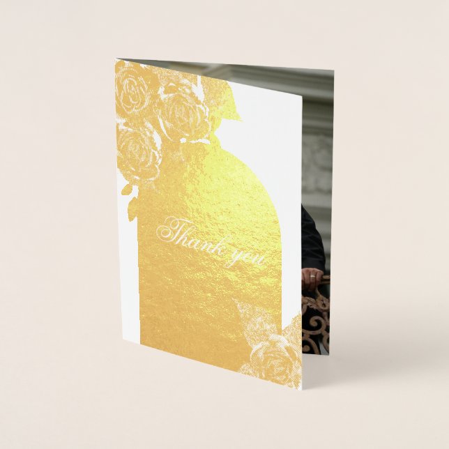 Cartão Metalizado Casamento de Rosas Dourados Elegantes Obrigado Fot (Frente)
