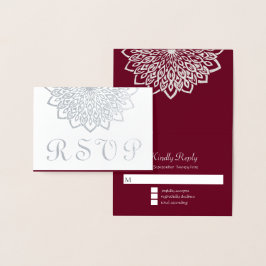 Cartão Metalizado Casamento de RSVP Floral Elegante Silver Burgundy