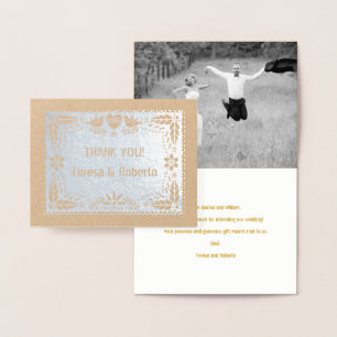 Cartão Metalizado Casamento do Papel picado Obrigado foto prata