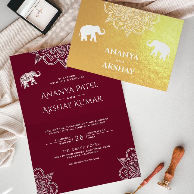 Cartão Metalizado Casamento Dourado com Henna Elephant Indian Burgun (Criador carregado)