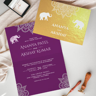 Cartão Metalizado Casamento Dourado com o Elefante Purple Henna