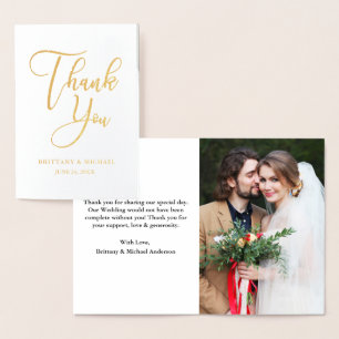 Cartão Metalizado Casamento Elegante Obrigado Foto Dourada