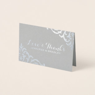 Cartão Metalizado Casamento Elegante Silver Foil Damask Obrigado