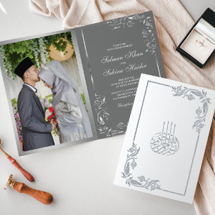 Cartão Metalizado Casamento Muçulmano Foto Floral Cinza Prata