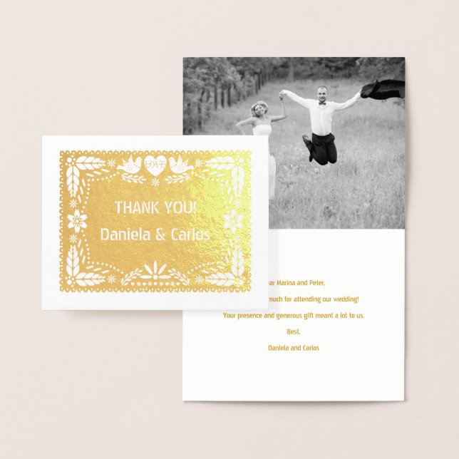 Cartão Metalizado Casamento Papel picado Obrigado foto ouro (Display)