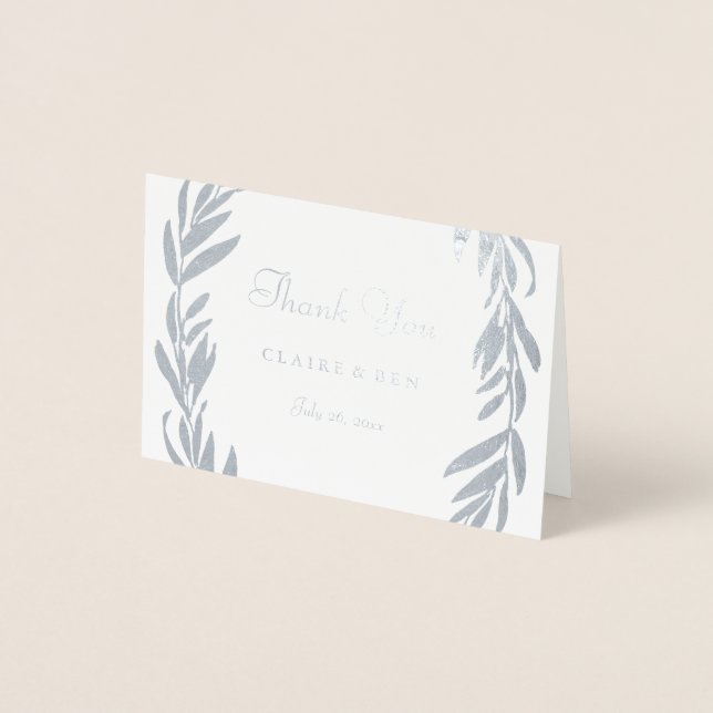 Cartão Metalizado Cinza Silver Foil Leaf Wreath Casamento Obrigado (Frente)