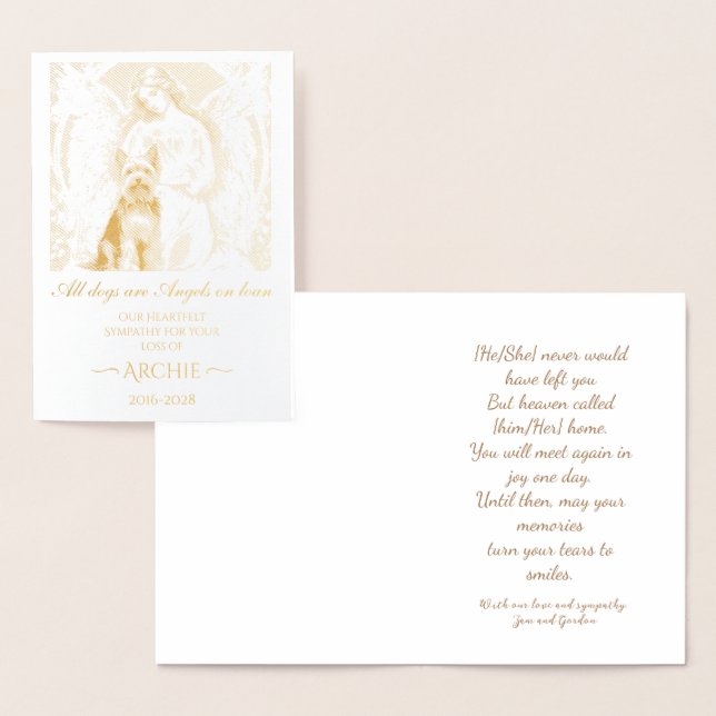 Cartão Metalizado Condolências pela perda do Yorkshire Terrier Custo (Exibição)