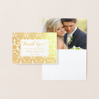 Cartão Metalizado Damask Real Gold Foil Casamento Foto Obrigado