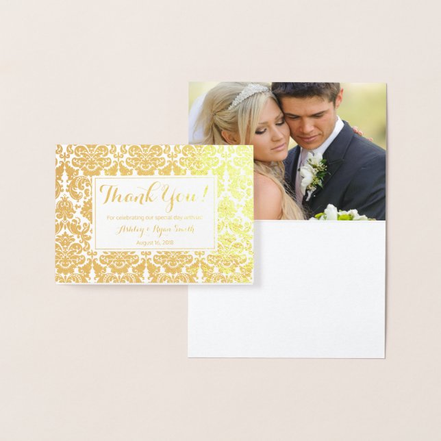 Cartão Metalizado Damask Real Gold Foil Casamento Foto Obrigado (Exibição)