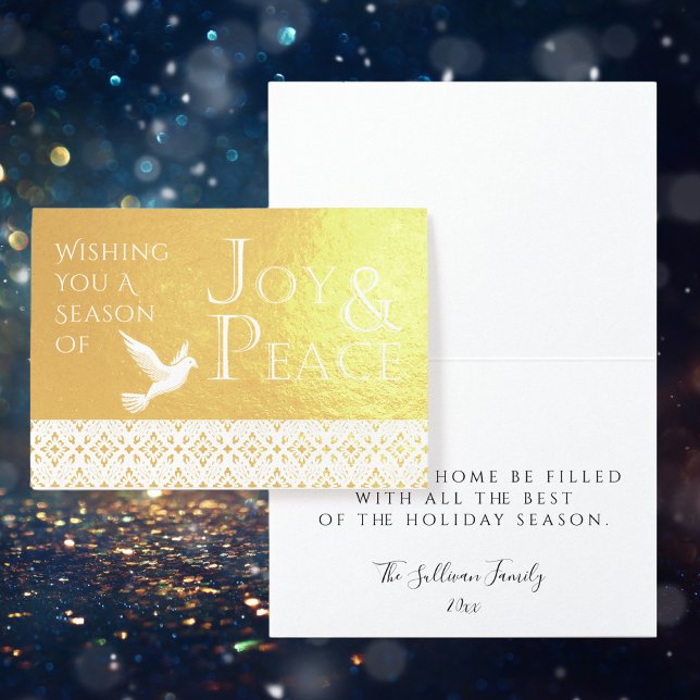 Cartão Metalizado Desejando a você uma temporada de alegria e festa  (Wishing You a Season of Joy and Peace Gold Foil Folded Card with Personalizable Inside Message)