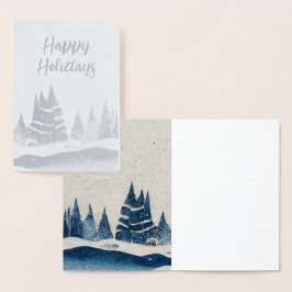 Cartão Metalizado Desenho de paisagem de inverno floresta azul marin