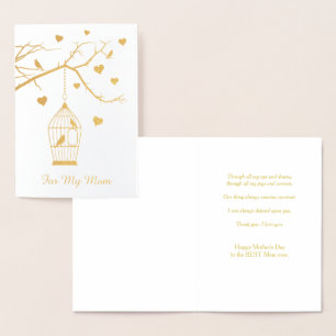 Cartão Metalizado Dia das mães da gaiola e dos corações de pássa