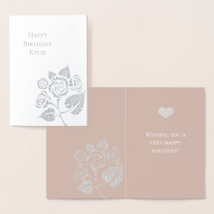 Cartão Metalizado Diamantes Glam Creme Rosa Floral Aniversário