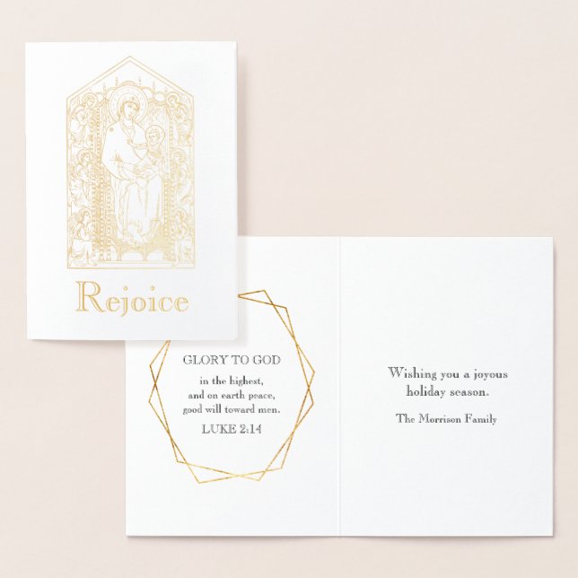 Cartão Metalizado Dourada Regozijo Virgem Maria Jesus Natal (Exibição)