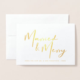 Cartão Metalizado Dourado Casado e Feliz Natal Obrigado Casamento F