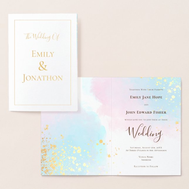 Cartão Metalizado Dourado Casamento de Confetti com Cores Azuis Cor  (Exibição)