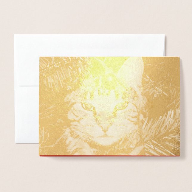Cartão Metalizado Dourado Gato em Tree Divertido Purr Perfeito Natal (Frente com envelope)