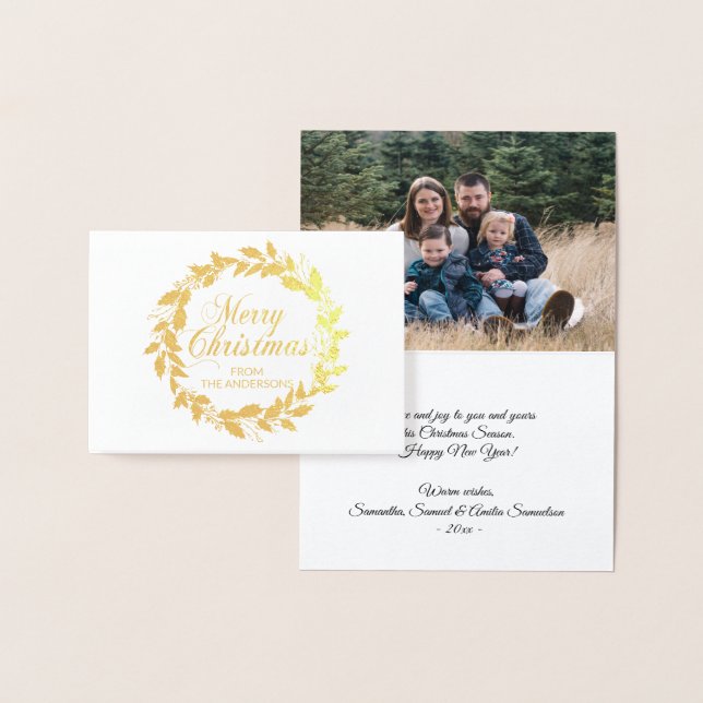 Cartão Metalizado Elegante Feliz Natal Wreath Holly Family FOTO (Exibição)