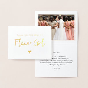 Cartão Metalizado Elegante Flower Girl Obrigado Foto Dourada