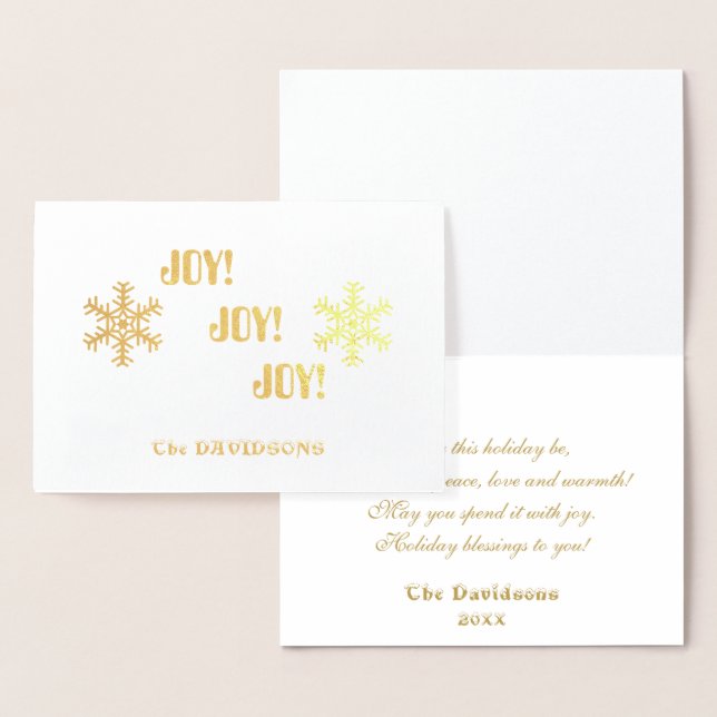 Cartão Metalizado Elegante Holiday Dourado JOY JOY Typografia (Exibição)