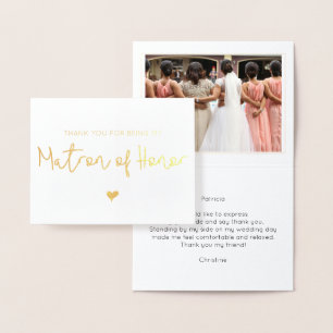Cartão Metalizado Elegante Matron of Honor Obrigado Foto Dourada