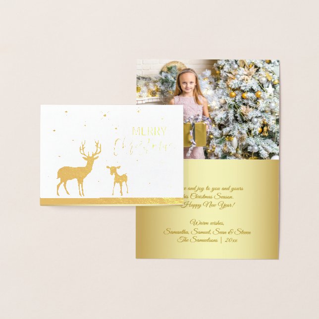 Cartão Metalizado Elegante Real Gold Foil Deer Snow Feliz Natal (Exibição)