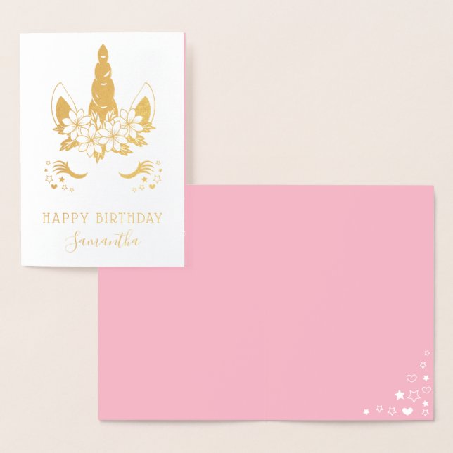 Cartão Metalizado Feliz Aniversário do bonito e Dourado Unicorno (Exibição)