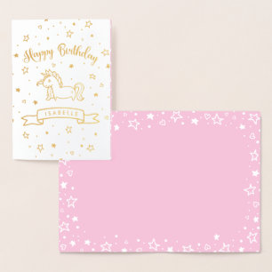 Cartão Metalizado Feliz Aniversário do bonito Unicórnio, Dourado e R