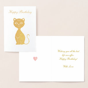 Cartão Metalizado Feliz Aniversário Gato Dourado