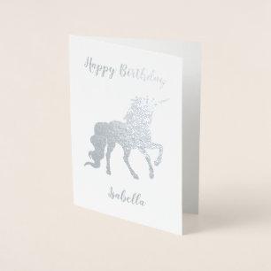 Cartão Metalizado Feliz Aniversário Personalizado, Unicórnio Silve