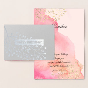Cartão Metalizado Feliz aniversário. Rosa Botânica   Peach Watercolo