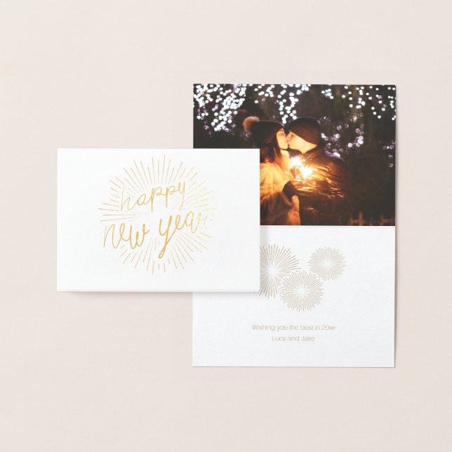 Cartão Metalizado Feliz ano novo 2018 Raios de Ouro Luminantes (Exibição)