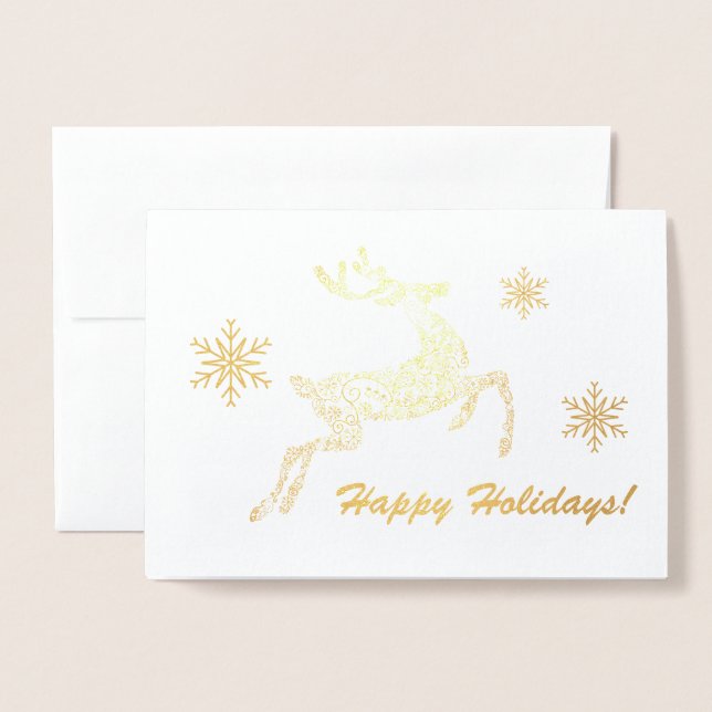 Cartão Metalizado Feliz Feriados! Mensagem Personalizada Deer & Snow (Frente com envelope)