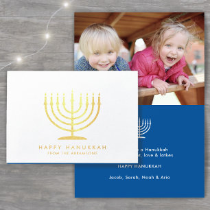 Cartão Metalizado Feliz Hanukkah Techelet Blue Simple Modern Menorah
