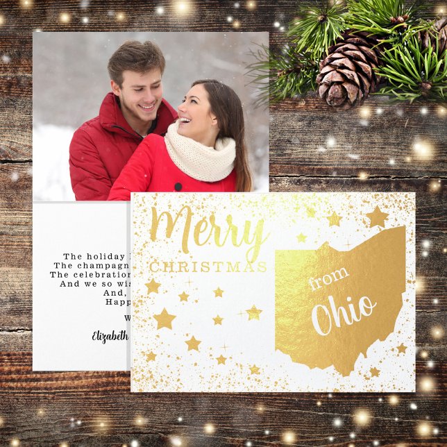 Cartão Metalizado Feliz Natal da Foto do Estado de Ohio (Show pride in your state and share Christmas greetings in style with gold foil photo folded cards.)