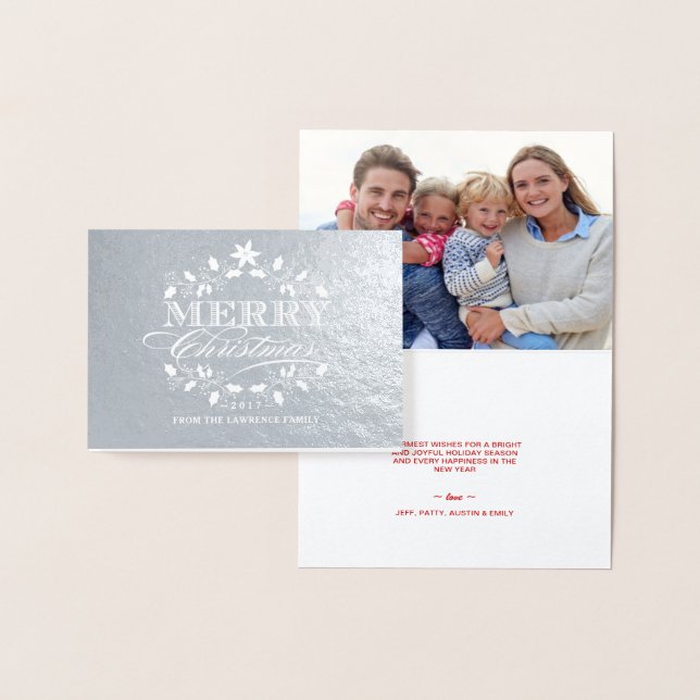 Cartão Metalizado Feliz Natal Elegante Vintage Holly Wreath (Exibição)