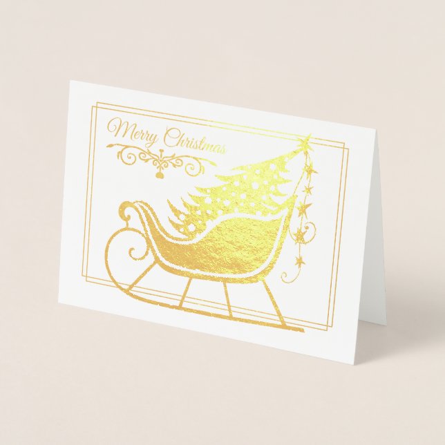 Cartão Metalizado Feliz Natal Feriado da Família Sleigh Tree (Frente)