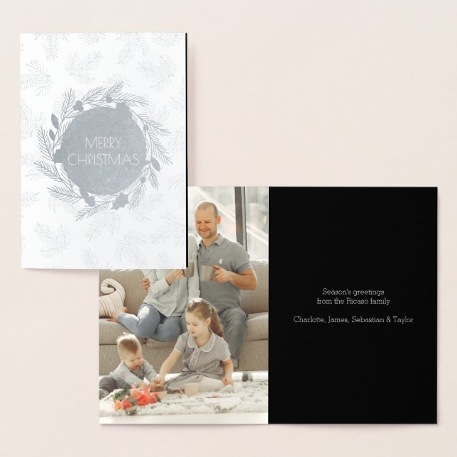 Cartão Metalizado Feliz Natal Foto Wreath (Exibição)