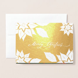 Cartão Metalizado Feliz Natal. Moldura de Poinsettia Luxo