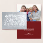 Cartão Metalizado Feliz Natal Vintage Chalkboard Silver Foil<br><div class="desc">Cartões de cartões de natal dobrados, com letra de quadro, no estilo do quadro especial de Natal, com letra de mão, com fotografia opcional. A folha esmerilada destacam as inscrições retrorreflectoras festivas desenhadas à mão e as espirais de rico. Adicione uma foto e crie a sua própria mensagem personalizada com...</div>