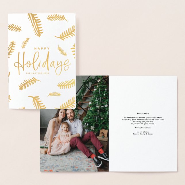 Cartão Metalizado Felizes Feriados, Letras e Agulhas de Pinho, Natal (Exibição)