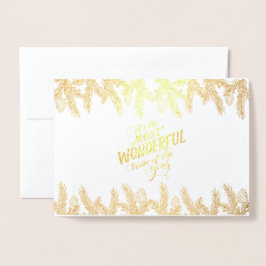 Cartão Metalizado Feriado de inverno, Dourado quadro de pinheiro, an