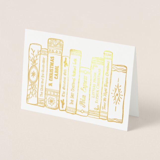 Cartão Metalizado Feriado Ilustrado Desenhado nos Livros de Natal (Frente)