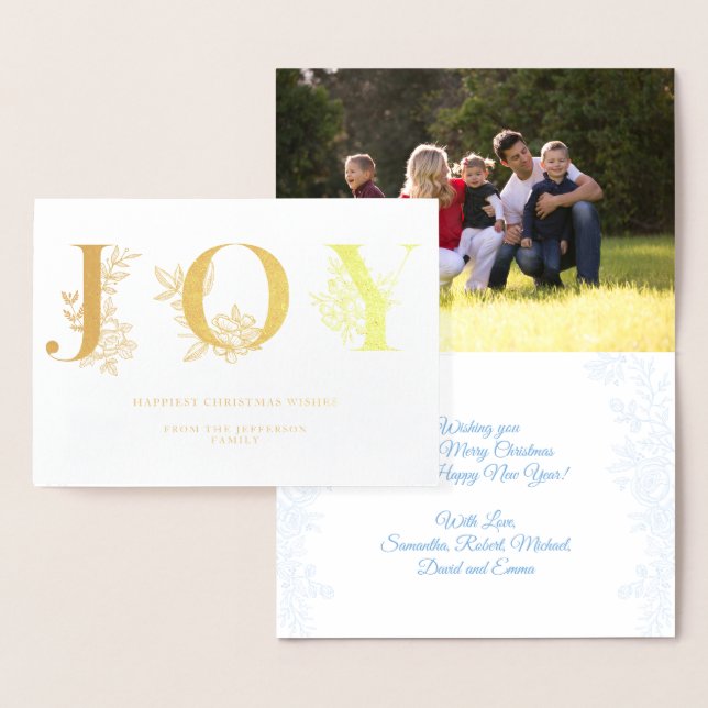 Cartão Metalizado Feriados de Natal Joy Modern Floral Outline Photo (Exibição)
