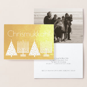 Cartão Metalizado Férias Douradas Chrismukkah Adicione sua Foto Mode