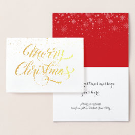 Cartão Metalizado Flocos de Neve Feliz Natal Elegante Script Dourado