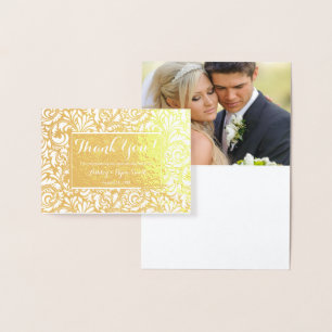 Cartão Metalizado Floral Real Gold Foil Casamento Foto Obrigado