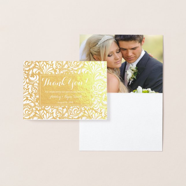 Cartão Metalizado Floral Real Gold Foil Casamento Foto Obrigado (Exibição)