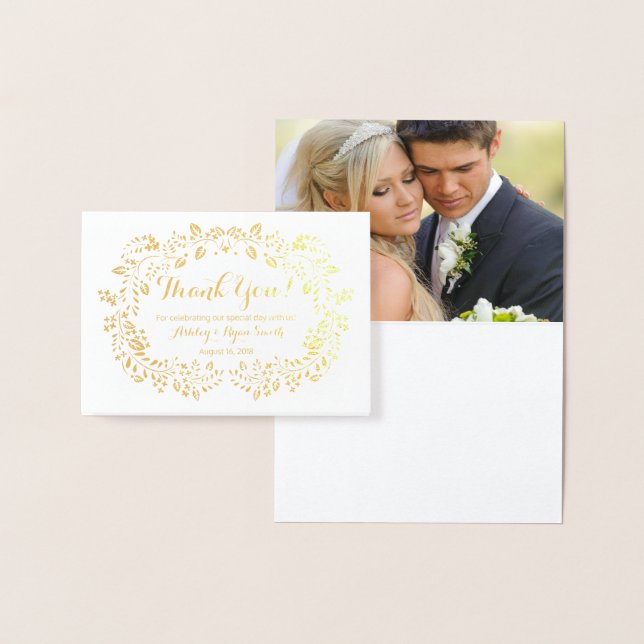 Cartão Metalizado Floral Real Gold Foil Casamento Foto Obrigado (Exibição)